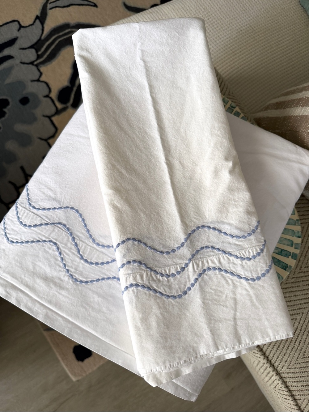 Matouk White & Blue Serena Embroidered 
King Cotton Pillowcase Flat Sheet